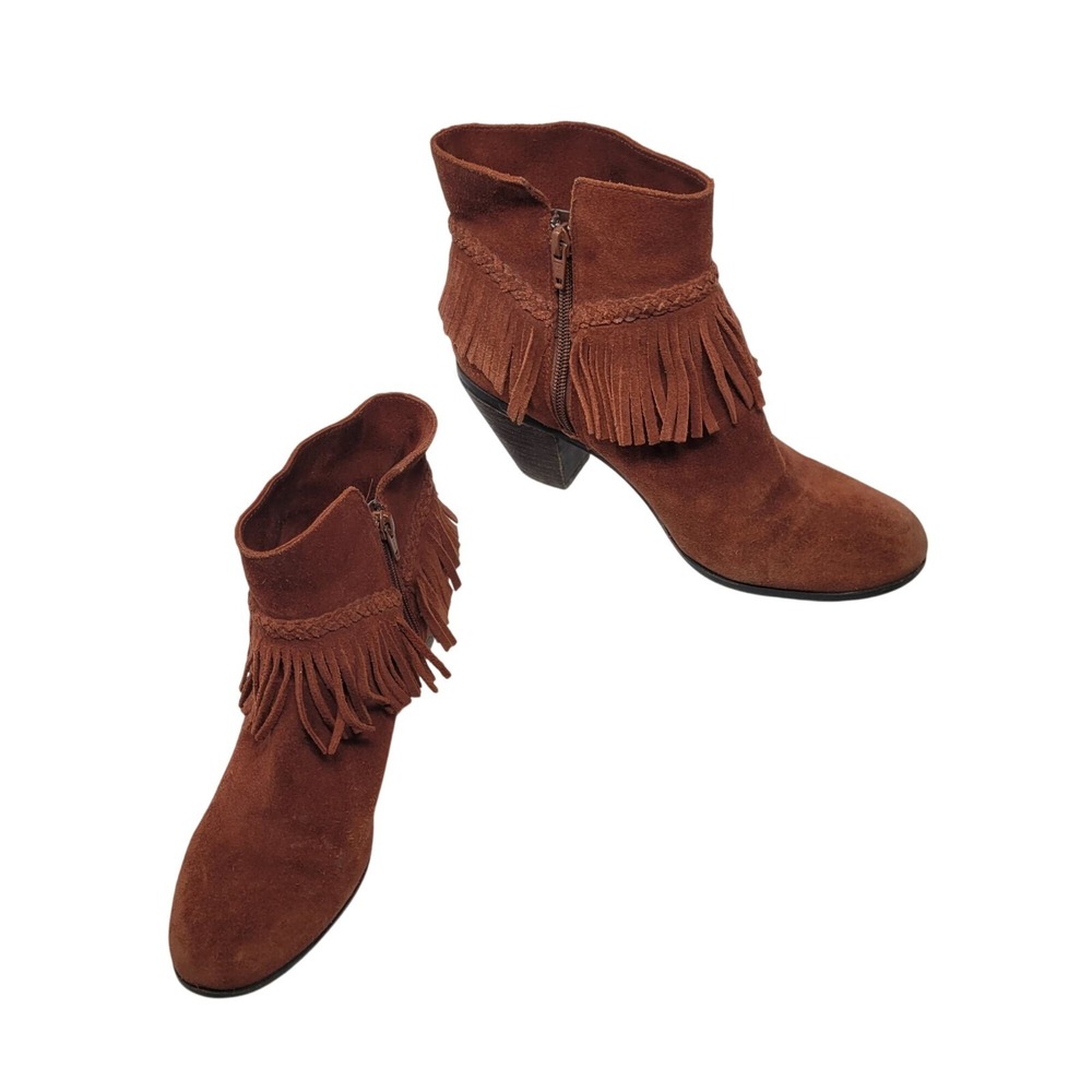 Gianni Bini Rust Brown Suede Fringe Western Ankle Booties 9 Leather Heeled Boot